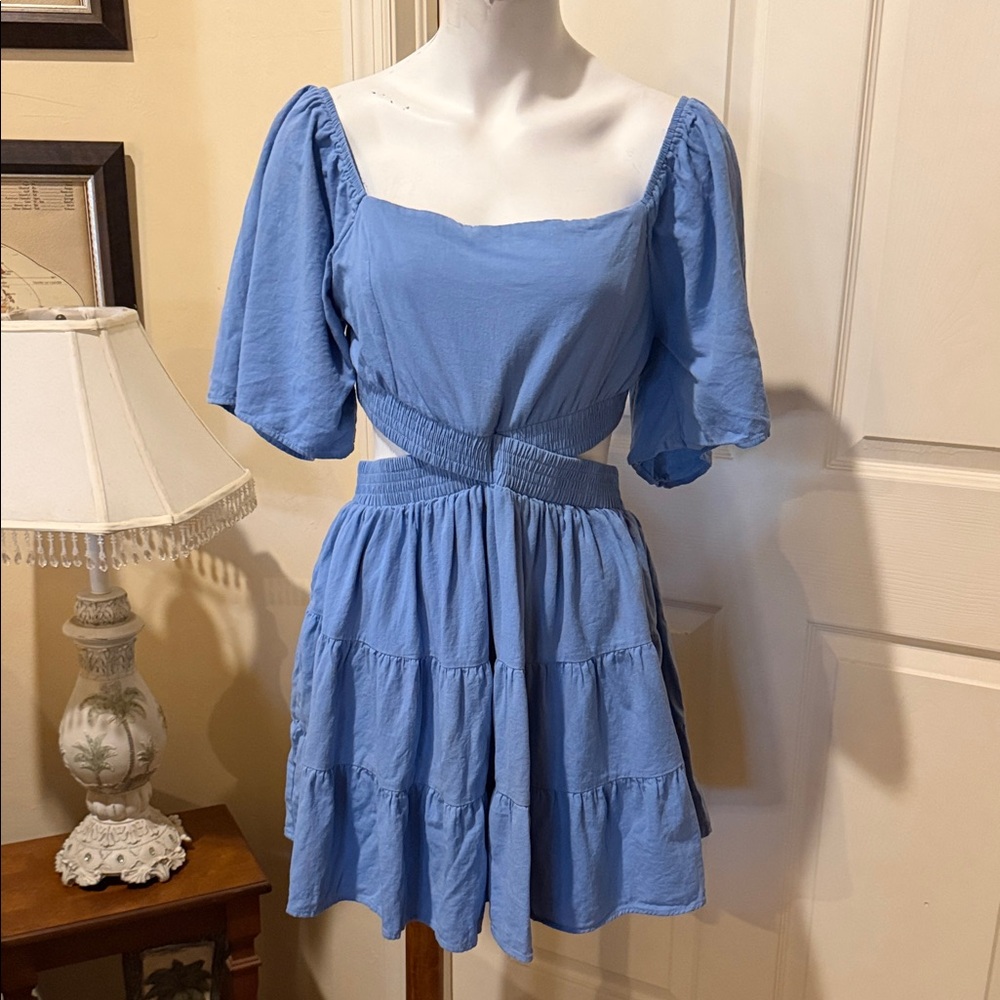 Shy Velvet  Blue Cut Out Mini Dress. Smocked. Size XL.